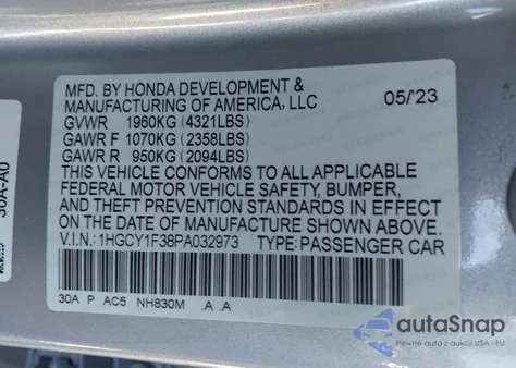 2023 Honda Accord Ex z USA, uszkodzony, nr VIN 1HGCY1F38PA032973